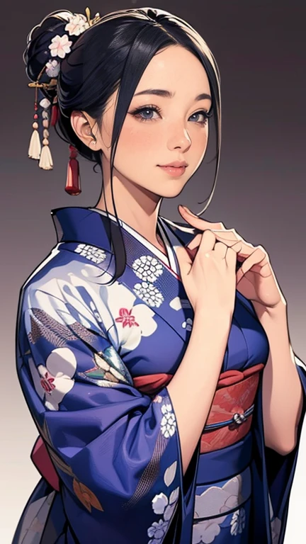 (masterpiece),(Highest quality),(Very detailed),(High resolution),8K,wallpaper,One Woman,Mature Woman,50 years old,Elegant,Beautiful female hands,Detailed depiction of the hand,(((whole body))),(Tied up hair),smile,(Black sleeves),(((The background is a Japanese pattern))),(kimono)