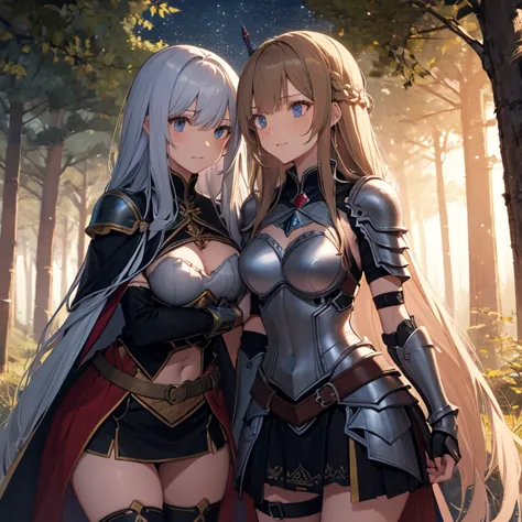 a group of  female medieval fantasy adventurers, (in forest), various hair styles, harem, night, details face, short skirt, sedu...