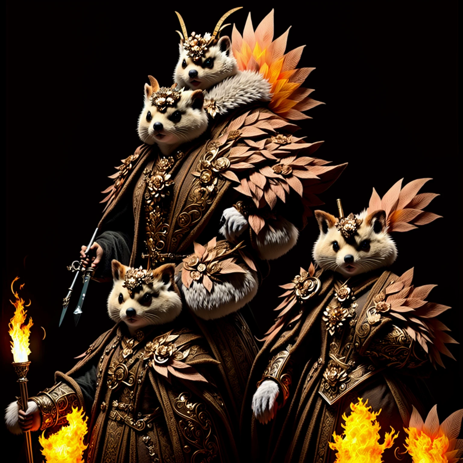 Araffe dressed in a costume with a flower helmet and a sword, hedgehog magus, kitsune inspired armor, tabaxi monk, ornate cosplay, hyperdetailed fantasy character, the squirrel king, costumed anthropomorphic otter, kitsune holding torch, dressed in an old suit, fantasy character photo, portrait of a forest mage, Portrait photo