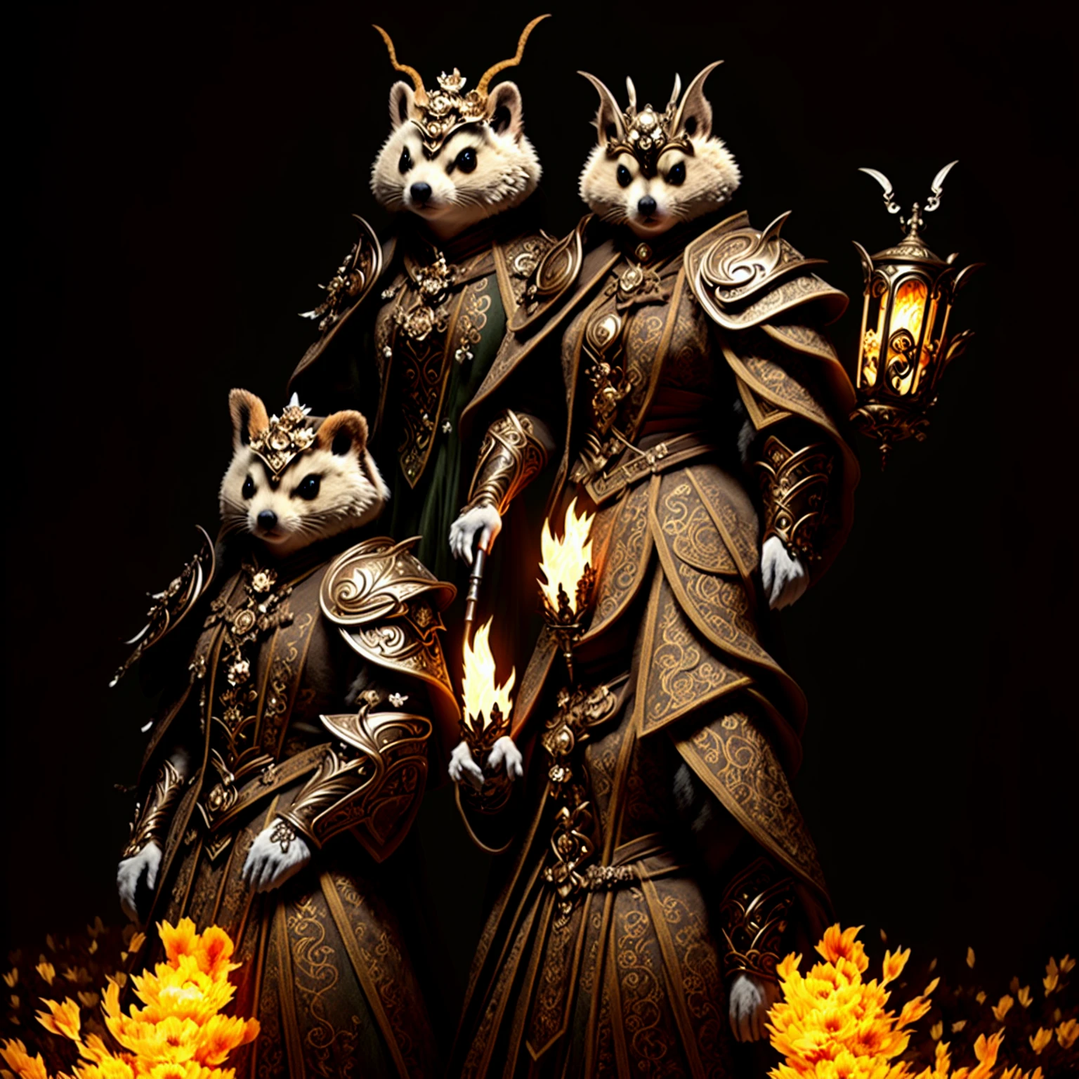 Araffe dressed in a costume with a flower helmet and a sword, hedgehog magus, kitsune inspired armor, tabaxi monk, ornate cosplay, hyperdetailed fantasy character, the squirrel king, costumed anthropomorphic otter, kitsune holding torch, dressed in an old suit, fantasy character photo, portrait of a forest mage, Portrait photo