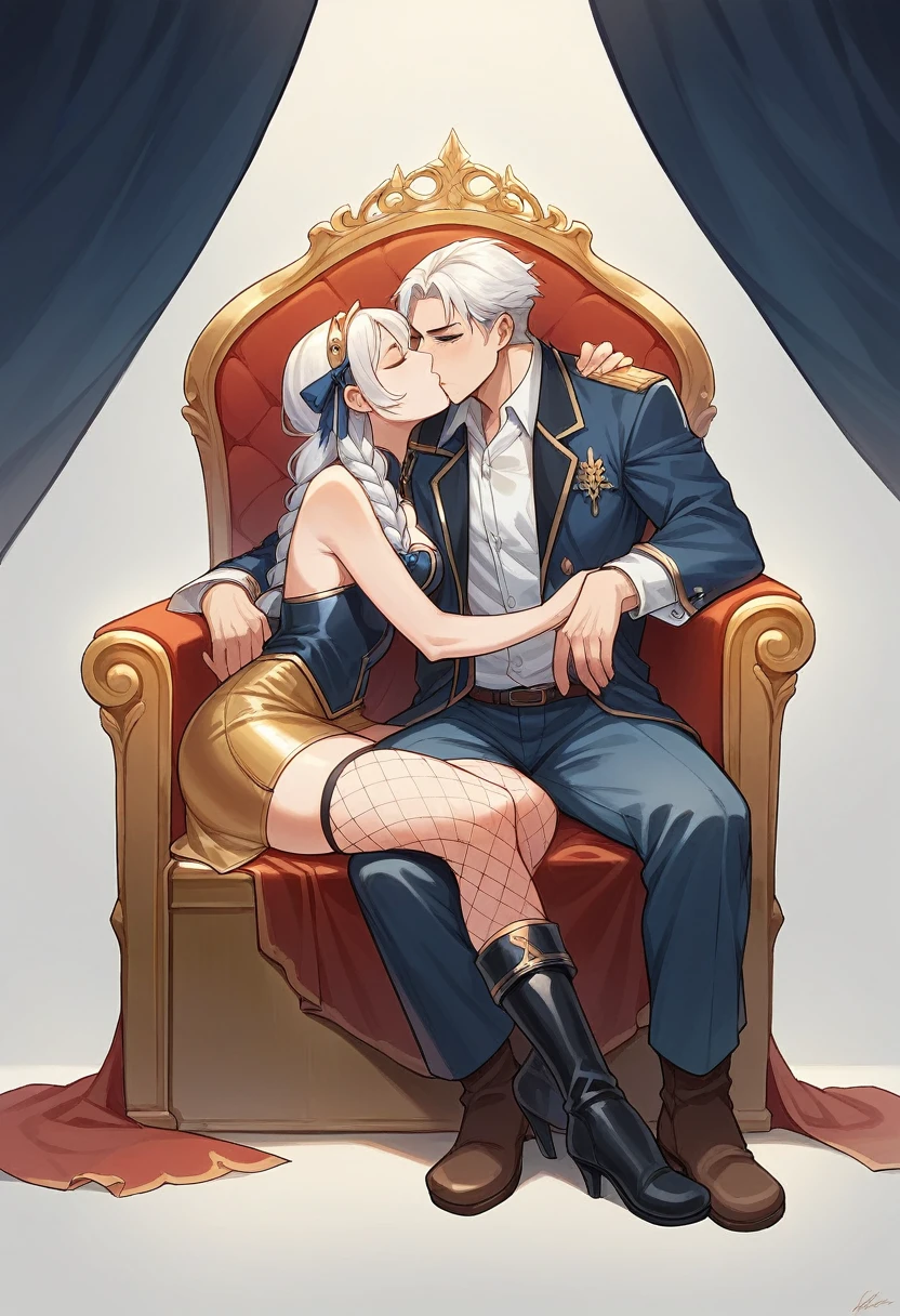 Naturalistic painting a handsome white-haired long-haired prince and his beautiful blue-eyed white-haired princess, she is sitting on the throne , He is on his knees and kisses her hand,gold short skirt ,black fishnet stockings and boots ,Her hair is braided with ribbons and rests on her shoulder..   