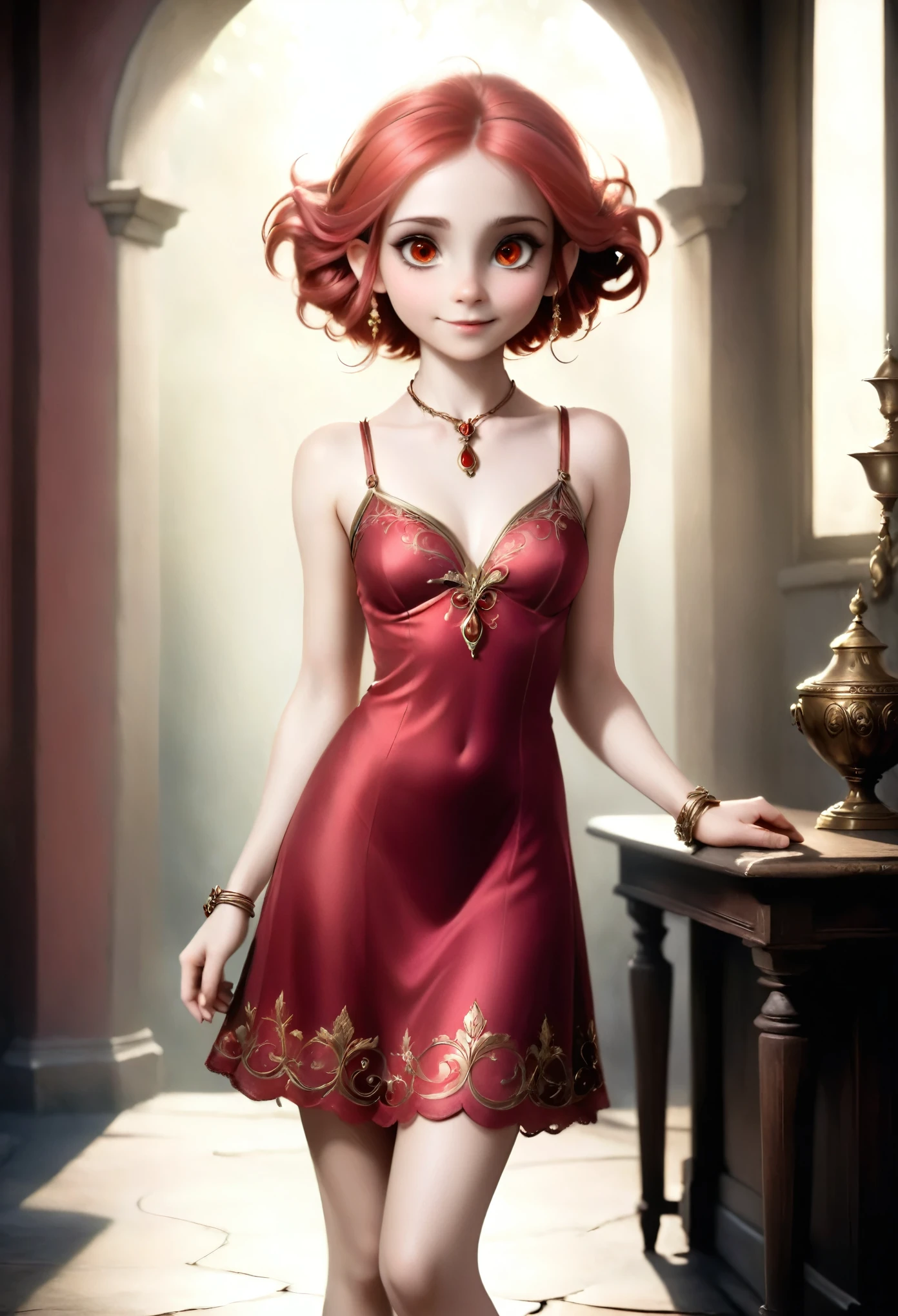 (Realisttic:1.2), analog photo style, (cute goblin wooman looking like elf, intensed red eyes, surrounded by a gloomy antique setting), (her full body s a visual pleasure), faint smile, soft shading expresses beautiful skin texture, silk material, elegant dress, Graceful curve from ankle to toe, leather pumps, light reflection on the floor, ornate embroidery and embellishments, an elegant necklace, thin bracelets on the wrist, rich and lustrous hair, three dimensional effect, gloomy dark atmosphere, play of light in the sun rays, a delicate balance between beauty and darkness, faded colours, great quality, Masterpiece, intricate fantasy background, naturally cinematic light, 16k quality, HDR, RAW photo