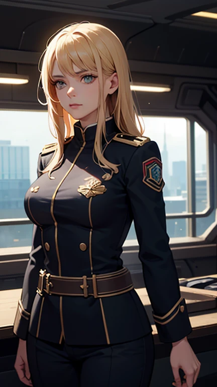 a beautiful young blonde woman, captain of a sci-fi liberator ship, confident, strong, healthy, wearing a uniform, detailed background, best quality, extremely detailed, masterpiece, cinematic lighting