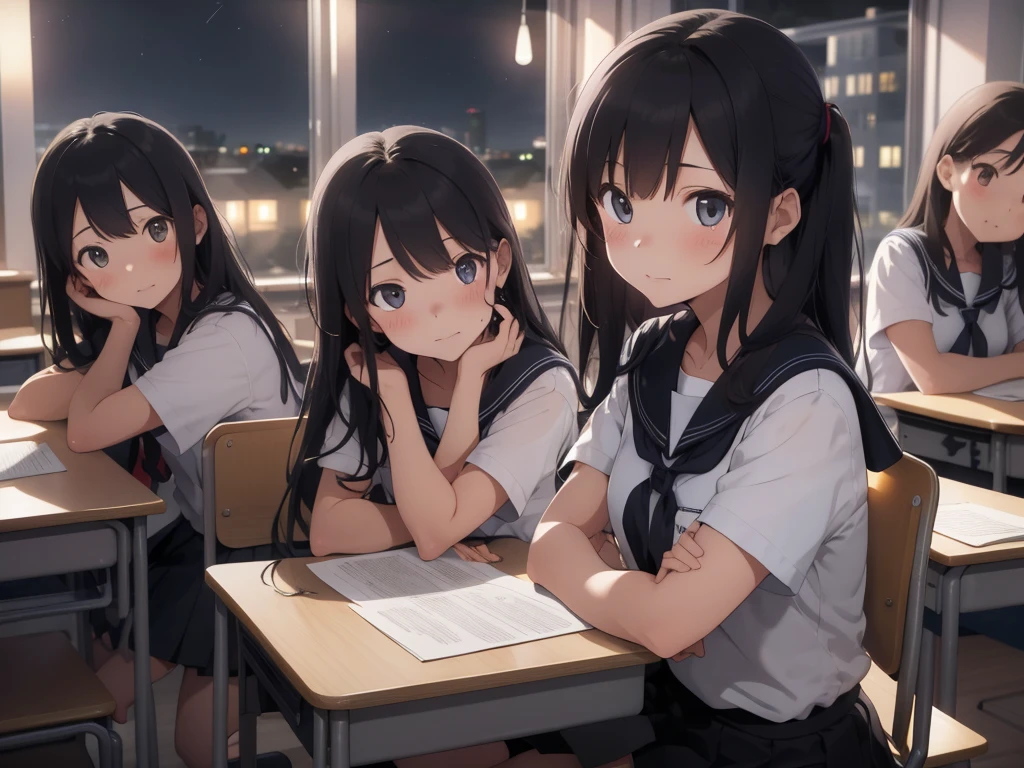4 girls, inside a classroom, (night:1.5), (in class:1.5), (nighttime, midnight, dark sky, black sky), (behind desk:1.5), (blushing, worried, anxious), ((behind desks, sitting, one girl per desk)), (tight clothing, short sleeves, sailor uniform, miniskirt), perfect body, perfect face, beautiful face, detailed face, beautiful eyes, detailed eyes, image taken from inside