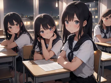 4 girls, inside a classroom, (night:1.5), (in class:1.5), (nighttime, midnight, dark sky, black sky), (behind desk:1.5), (blushi...