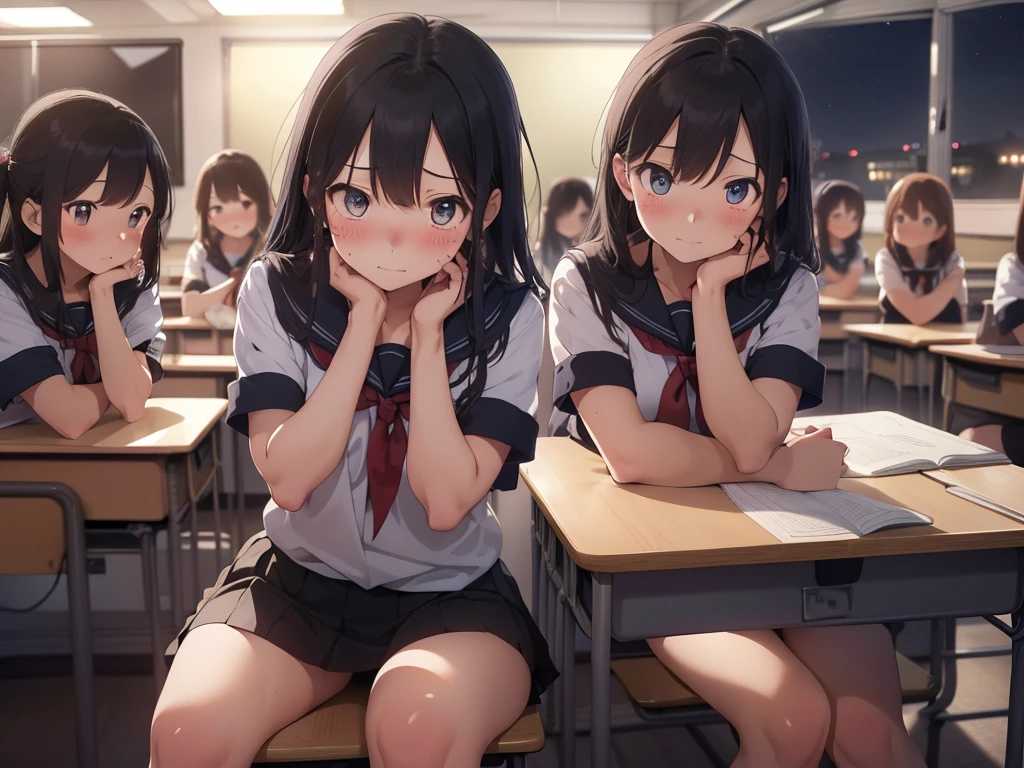 4 girls, inside a classroom, (night:1.5), (in class:1.5), (behind desk:1.5), (((blushing, worried, anxious))), ((behind desks, sitting, one girl per desk)), (tight clothing, short sleeves, sailor uniform, miniskirt), perfect body, perfect face, beautiful face, detailed face, beautiful eyes, detailed eyes, image taken from inside