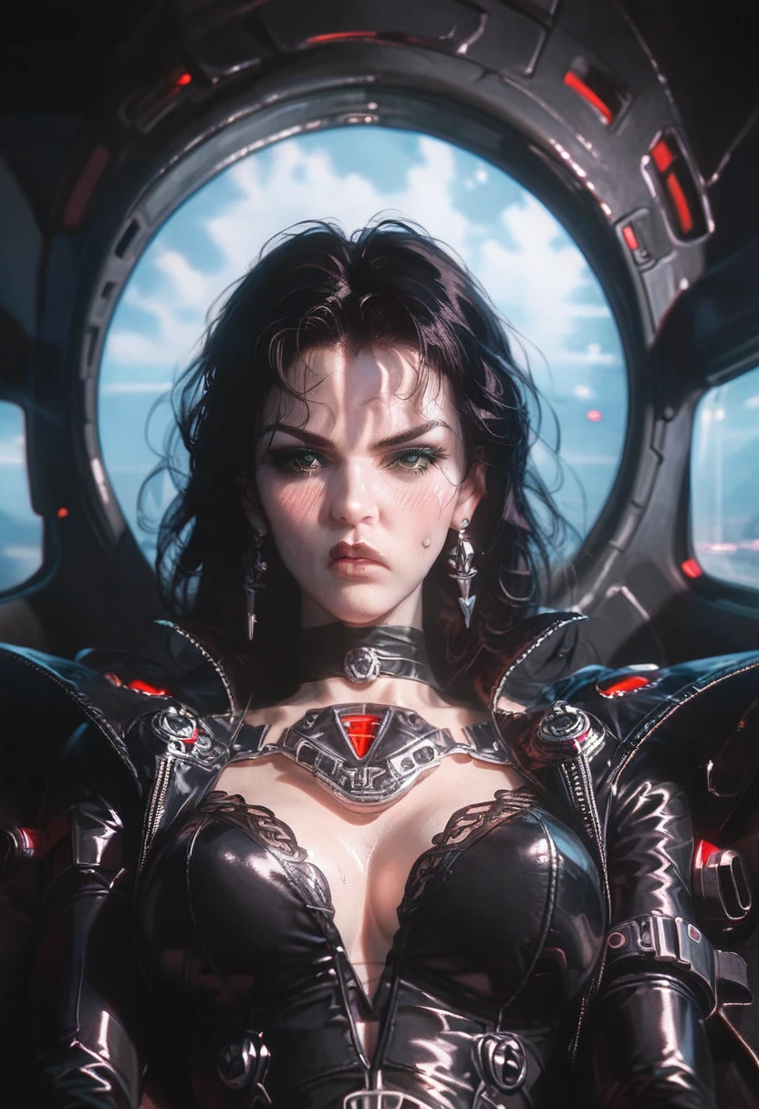 score_9, score_8_up, score_7_up, ((gothic vampire woman piloting in gothic spacecraft)), vampiric cockpit, (from below), front view, (120 fov), (iridescent bodysuit), lace accessories, ((pilot seat)), (((lying back) pose)), mature female, ((elegant)), (((serious tone))), futuristic, [blushing], sweat, ((claustrophobic)), pilot helmet, ((hands on controls)), dramatic red lighting, shadow