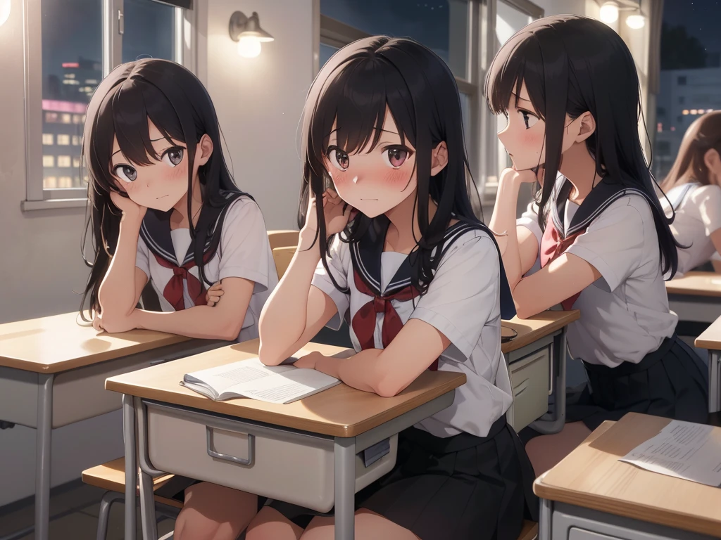 4 girls, inside a classroom, (night:1.5), (sit at desk:1.5), behind desk:1.5), (blushing:1.5), (anxious:1.5), (worried:1.5), (((blushing, worried, anxious))), ((behind desks, sitting, one girl per desk)), (tight clothing, short sleeves, sailor uniform, miniskirt), perfect body, perfect face, beautiful face, detailed face, beautiful eyes, detailed eyes, image taken from inside