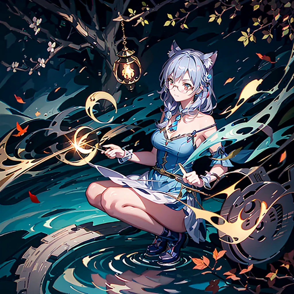 Precision painting、Super delicate、Top image quality、Cheshire Cat、Metallic Chopper、long、Long hair、Animal ears、Cat Ear Original、((1girl in))、(solo)、landscapes、The scene、Red tree、the woods、lake、autumnal、Longer dress、((eye glass))