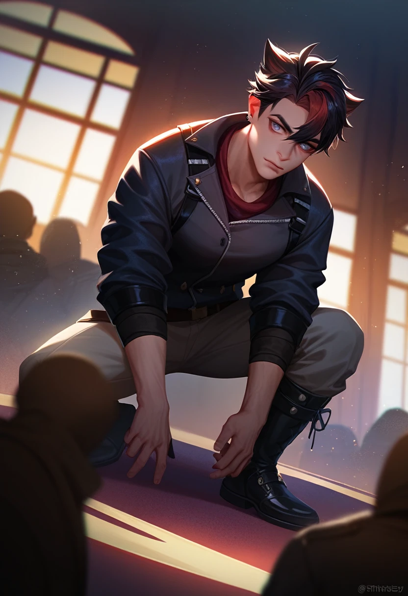 score_9, score_8_up, score_7_up, solo, 1bot, wriothesley, genshin impact, realistic, BREAK 1boy in Horror setting, solo focus, Direct stare, Fists clenched, Auburn hair, dramatic angle, twink with dimples, Crouching, 