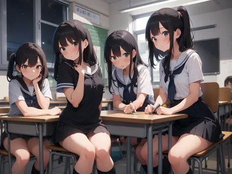4 girls, inside a classroom, ((nighttime, midnight, dark sky, black sky)), arms on desk, lean on desk, (blushing, worried, anxio...