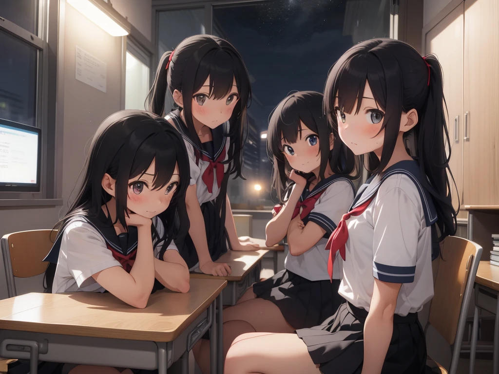4 girls, inside a classroom, ((nighttime, midnight, dark sky, black sky)), arms on desk,(sitting:1.5), (((blushing, worried, anxious))), ((behind desks, sitting, one girl per desk)), (tight clothing, short sleeves, sailor uniform, miniskirt), perfect body, perfect face, beautiful face, detailed face, beautiful eyes, detailed eyes, image taken from inside