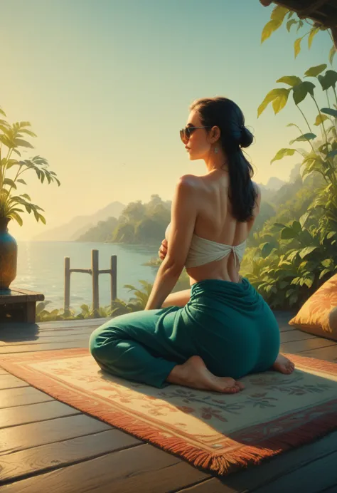 A woman filmed with her back facing the sunrise in a meditative position with nature and a calm lake around her, the woman is si...