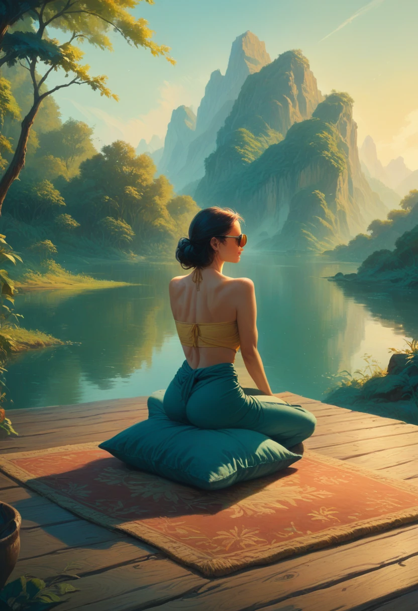 周囲の自然と静かな湖を背景に、瞑想の姿勢で日の出に背を向けて撮影された女性, 女性は木製の桟橋の上に敷物とクッションを敷いて座っている。, カラーパレット]青と黄色の色合い.. 超リアルな画像,