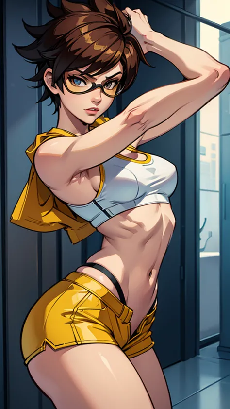Tracer from overwatch in a sexy pose, wearing a yellow sport bra and white mini shorts 