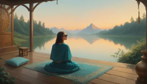 A woman filmed with her back facing the sunrise in a meditative position with nature and a calm lake around her, the woman is si...