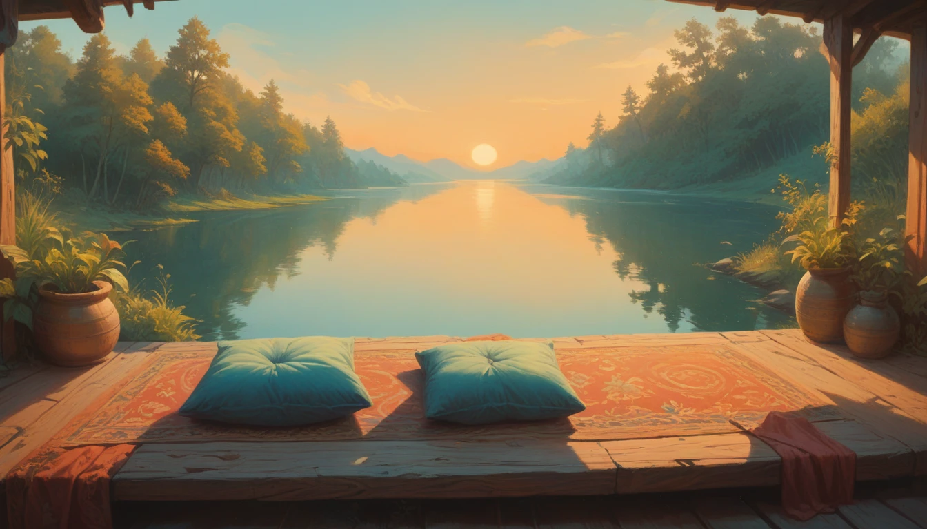 周囲の自然と静かな湖を背景に、瞑想の姿勢で日の出に背を向けて撮影された女性, 女性は木製の桟橋の上に敷物とクッションを敷いて座っている。, カラーパレット]青と黄色の色合い.. 超リアルな画像,
