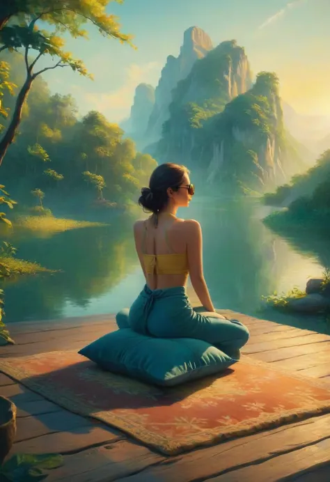 a woman filmed with her back facing the sunrise in a meditative position with nature and a calm lake around her, the woman is si...