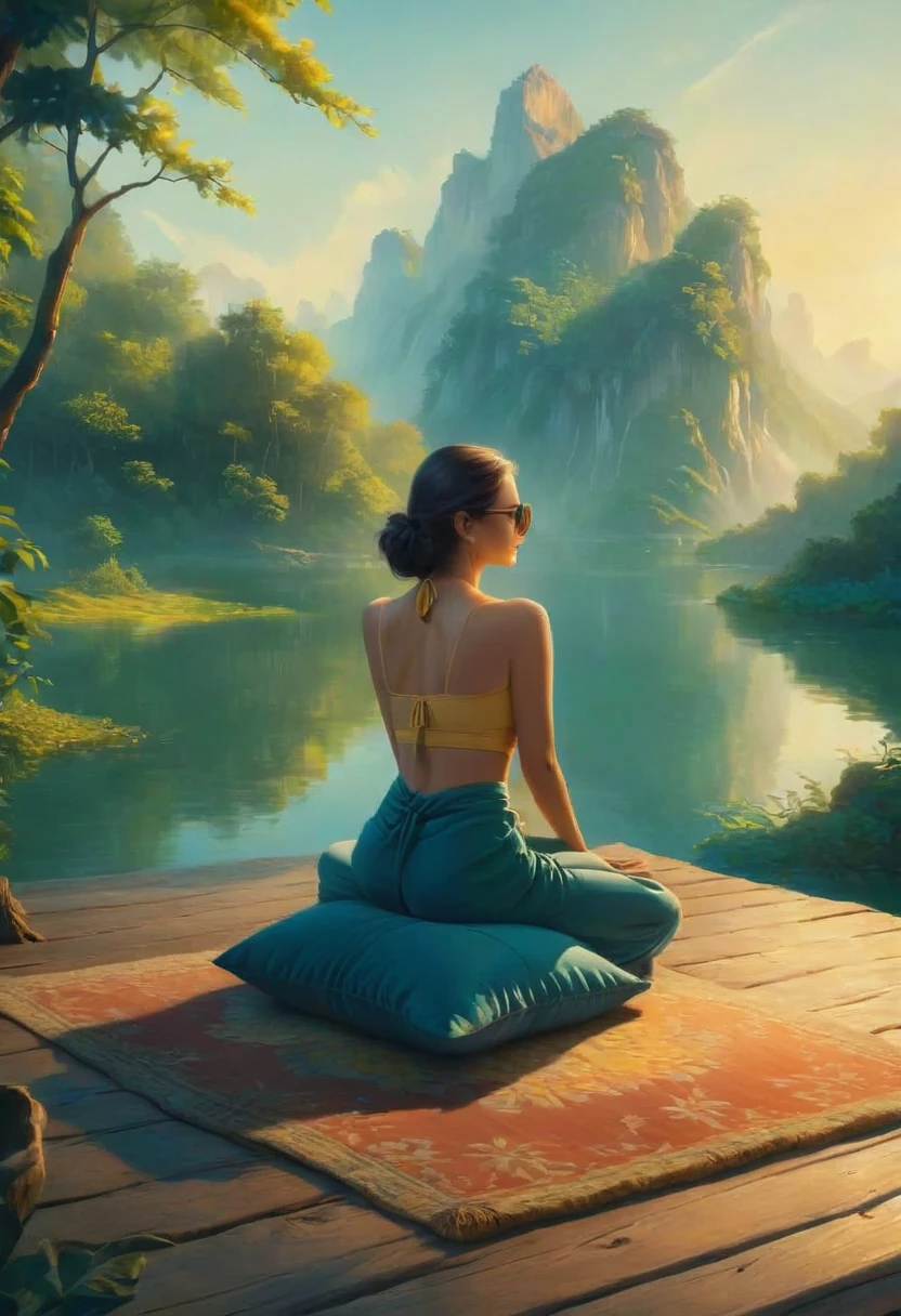 A woman filmed with her back facing the sunrise in a meditative position with nature and a calm lake around her, the woman is sitting on a rug and a cushion on a wooden pier, a color palette s]in shades of blue and yellow.. ultra realistic image,