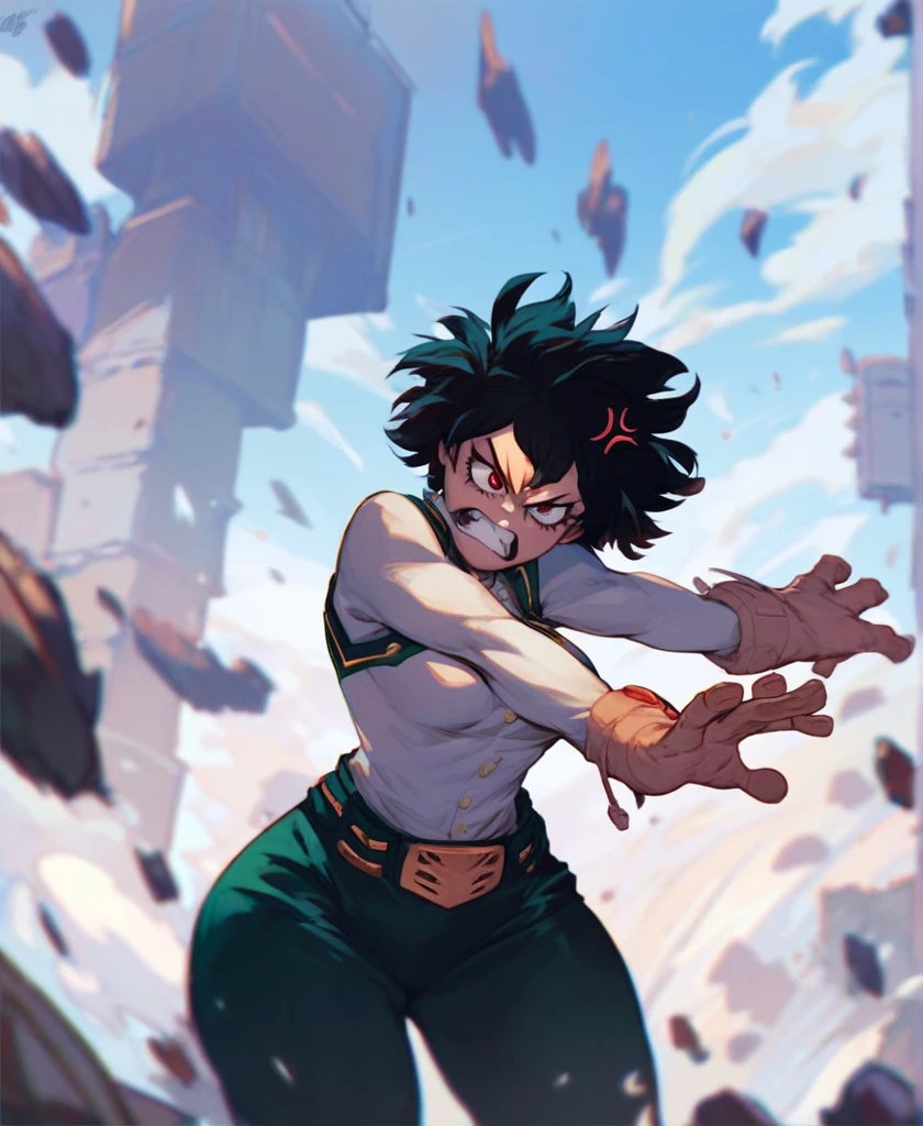 score_9_up, score_8_up, score_7_up, cowboy shot, 1girl,\(boku no hero academia\), black hair, very short hair, tied hair,  red eyes, wide hips, medium breasts, angry,
, source_anime, anime style