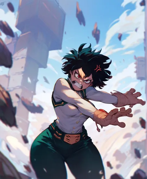 score_9_up, score_8_up, score_7_up, cowboy shot, 1girl,\(boku no hero academia\), black hair, very short hair, tied hair,  red e...