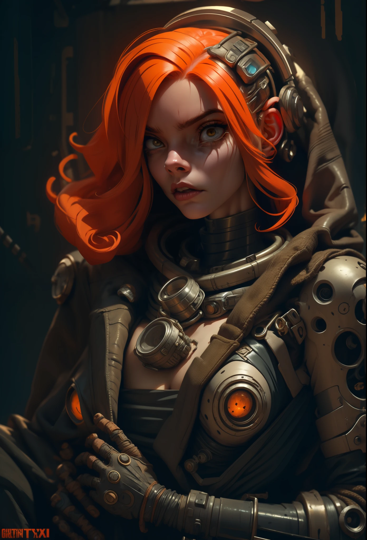 A highly detailed and realistic skull girl,( Anya. Taylor Joy) cyberpunk character, mad max furiosa, one hand robot, cyborg arm, orange hair, dramatic metal heavy rock theme, best quality, 8k, hyperrealistic, photorealistic, extreme detailed painting, studio lighting, vivid colors, dark moody atmosphere, cinematic, dramatic pose, intricate mechanical details, glowing energy effects, intense gritty textures, seamless integration of organic and inorganic elements. Wearing the used clothes of a wastelander. Background: An apocalyptic wasteland. Dusty and depressing.