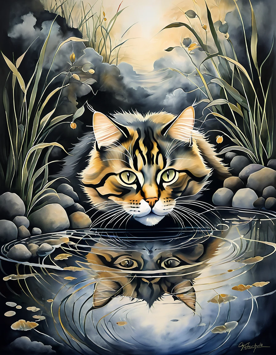 cat portrait, Evocative art creates a certain mood or atmosphere that immerses the viewer, drawing them into the world depicted by the artist.