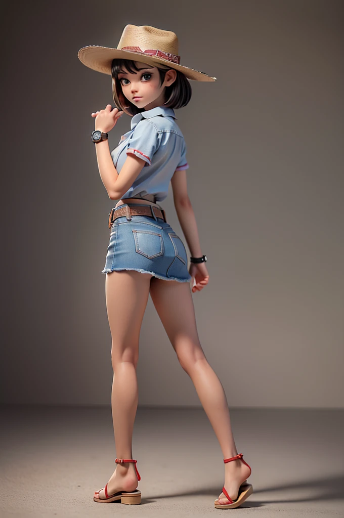 (((((alone))))),(((((masterpiece))))), (((((Best Quality))))),(((((Very detailed))))), finely, Depth of written boundary, Sharp details, Detailed clothing, High resolution,
One girl,Beautiful detailed face:1.3), ,(((Slim Body 1.5))),(((Small Ass))),(((Denim mini skirt))),(((Wear a western hat))),(((Wear a belt))),(Wearing a red short-sleeved collared shirt, Plaid))),(((Wear an accurate watch))),(((Sandals)))