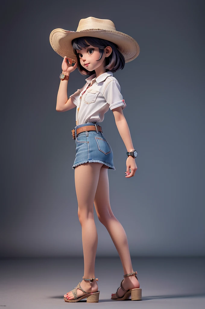 (((((alone))))),(((((masterpiece))))), (((((Best Quality))))),(((((Very detailed))))), finely, Depth of written boundary, Sharp details, Detailed clothing, High resolution,
One girl,Beautiful detailed face:1.3), ,(((Slim Body 1.5))),(((Small Ass))),(((Denim mini skirt))),(((Wear a western hat))),(((Wear a belt))),(Wearing a red short-sleeved collared shirt, Plaid))),(((Wear an accurate watch))),(((Sandals)))