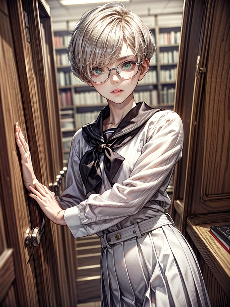 1girl, elegant bearing, small, slender build, short height, narrow shoulders, pale skin dotted by freckles, short platinum blonde hair, (((pixie cut hairstyle))), (((boyish hair))), (dark green eyes), silver glasses, cute facial features with an underlying elegance, thin lips, small breasts, 15 years old female, RAW photo, ((slim body: 1)), (HQ skin: 1.4), 8k uhd, dslr, soft light, high quality, ((school uniform, white clothes, gold accents, (looking at viewer:1.4), library
