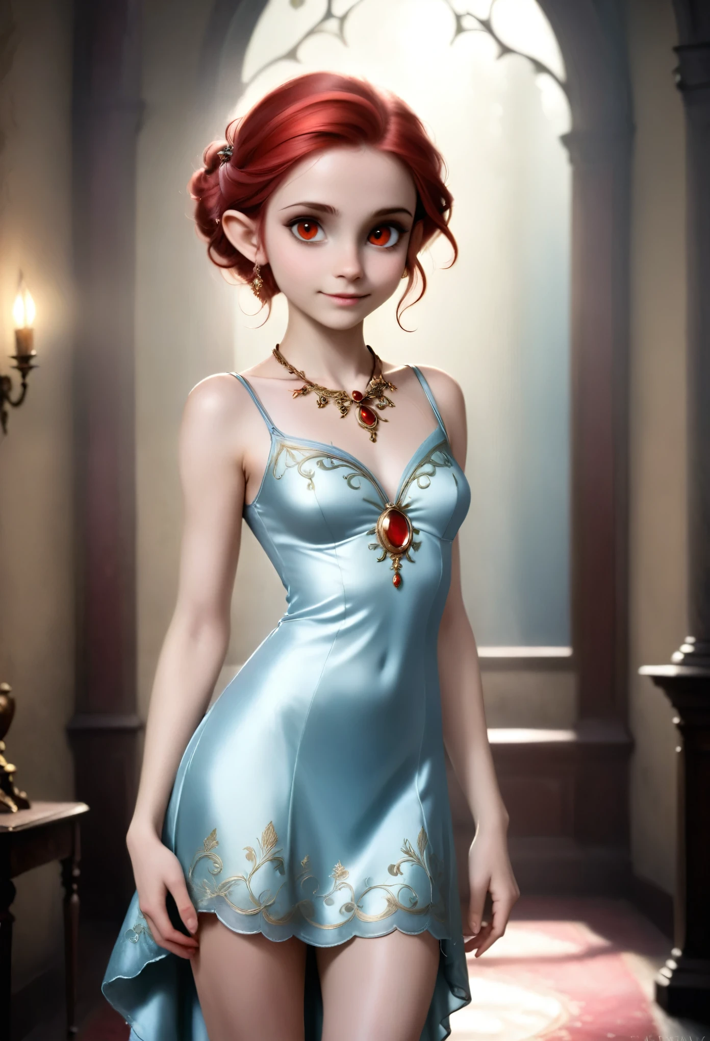 (Realisttic:1.2), analog photo style, (cute goblin wooman looking like elf, intensed red eyes, surrounded by a gloomy antique setting), (her full body s a visual pleasure), faint smile, soft shading expresses beautiful skin texture, silk material, elegant dress, Graceful curve from ankle to toe, leather pumps, light reflection on the floor, ornate embroidery and embellishments, an elegant necklace, thin bracelets on the wrist, rich and lustrous hair, three dimensional effect, gloomy dark atmosphere, play of light in the sun rays, a delicate balance between beauty and darkness, faded colours, great quality, Masterpiece, intricate fantasy background, naturally cinematic light, 16k quality, HDR, RAW photo