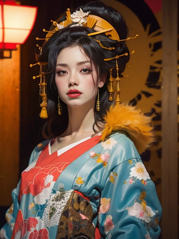 (Um servo segura um guarda-chuva atrás de Oiran.:1.4)、(Oiran、proporções ideais)、Dramático_Quimono requintado e lindo、A jornada de Oiran em destaque、retrato detalhado de corpo inteiro、(mais alta qualidade、4K、8K、Alta resolução、obra de arte：1.2)、super detalhado、(Real、fotorrealista、fotorrealista：1.37)、poses de ação dinâmica、iluminação dinâmica、composição cinematográfica、características faciais altamente detalhadas、olhos e rosto altamente detalhados、cílios longos、iluminação claro-escuro、Dramáticoな影、paleta de cores impressionante、cores brilhantes、Efeito de trilha de movimento：1.9