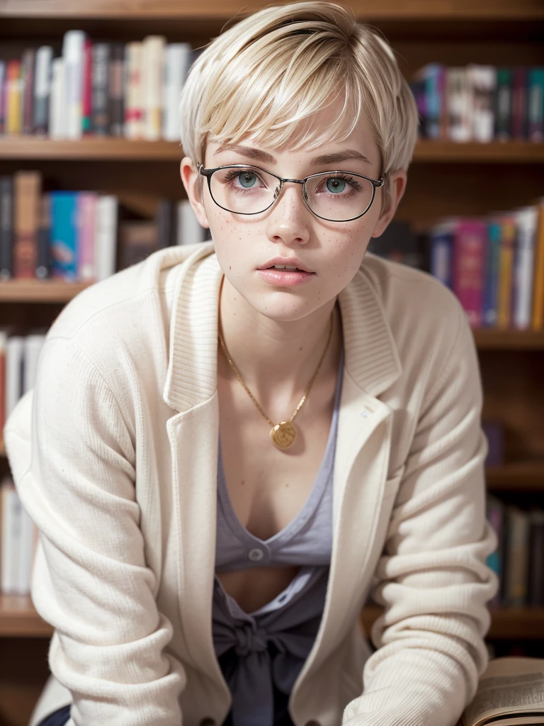 1girl, elegant bearing, small, slender build, short height, narrow shoulders, pale skin dotted by freckles, short platinum blonde hair, (((pixie cut hairstyle))), (((boyish hair))), (dark green eyes), silver glasses, cute facial features with an underlying elegance, thin lips, small breasts, 15 years old female, RAW photo, ((slim body: 1)), (HQ skin: 1.4), 8k uhd, dslr, soft light, high quality, ((school uniform, white clothes, gold accents, (looking at viewer:1.4), library
