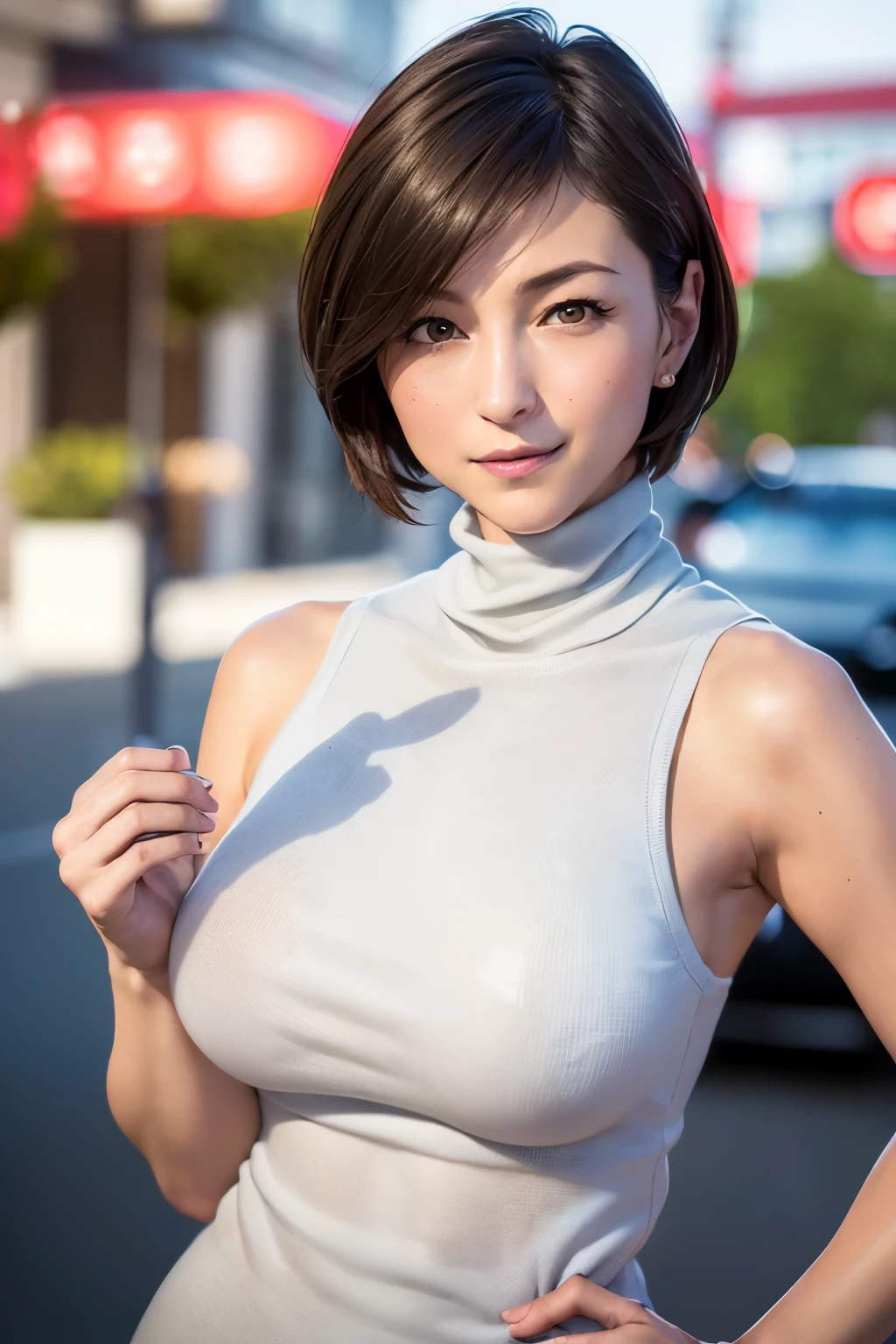 (highest quality, Tabletop, Anatomically correct, Super detailed, 8k))), ((Photorealistic, Canon, debt/1.2, 135mm, (((Burstingly Big Breasts))),Light on the face:1.5,Japanese Gravure, Pretty woman with short hair that falls over her ears)), ,((Tight abdomen))、Beautiful double eyelids, Beautiful, shining lips, Well-proportioned, feminine and attractive body, (Virgin Killer white Sweater:1.3),((Grey Turtleneck Sleeveless Dress、Tank tops that expose the chest from the side,debt cup bust peeking out from wide open cuffs)), Light brown hair, (First Person View, date, On the street、Laughter), Show your armpits, Sexy armpits、debtull open armpits