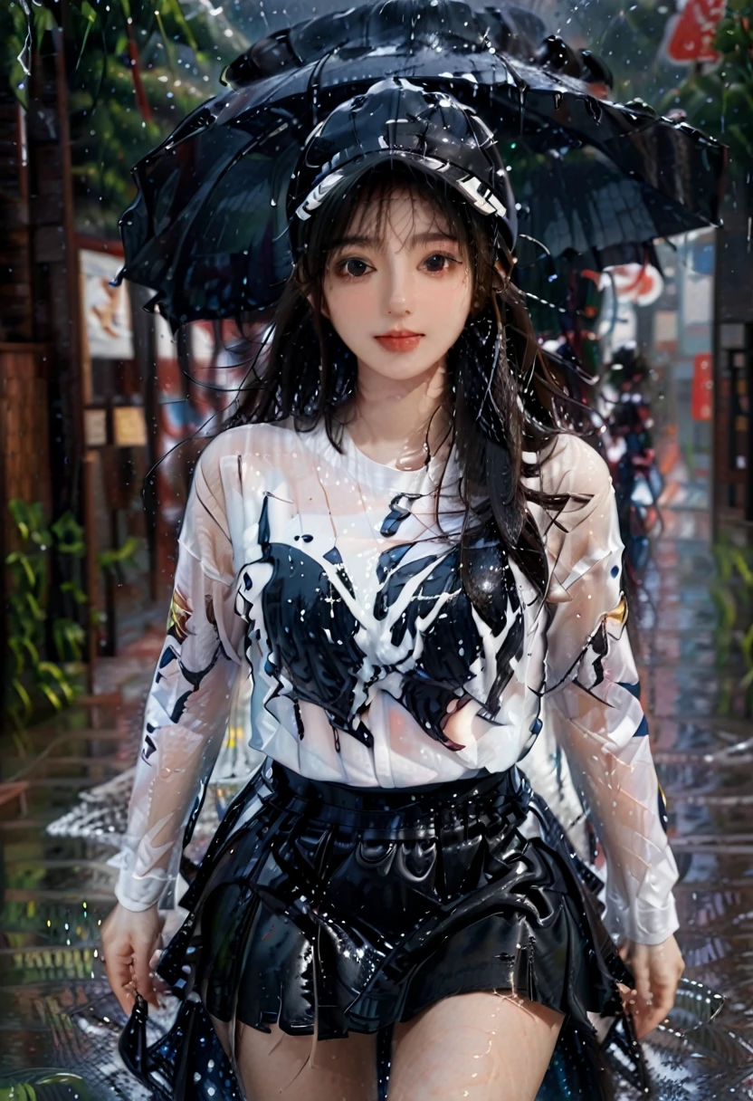 professional photography, a beautiful Japanese girl, smiling forward, wearing a transparent white t-shirt, big breasts, and a black skirt, riding a running horse, raining, her clothes soaked in the rain, wearing a cowboy hat, 8k, ultra-realistic