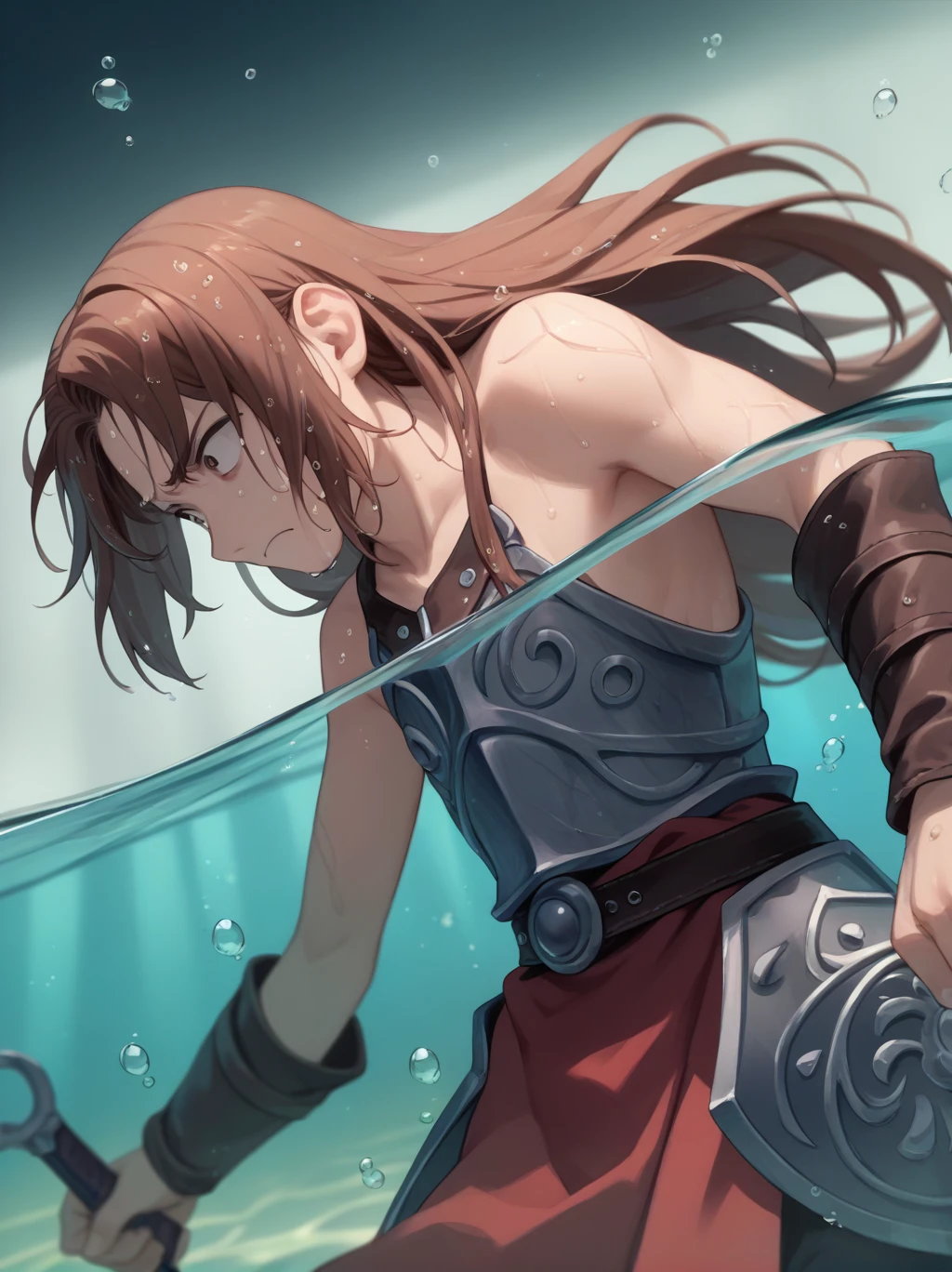 Partially underwater,最high quality,high quality, 4-year-old, , Long Hair, Brown Hair, Wet Hair,  Blurred Edges,Flat Chest,Pitch-dark underground labyrinth,No light,Leather armor,Equipped with a dagger and a shield,Face above water,Body in water, Underwater Photography,The robe rolls up due to buoyancy,Painful face