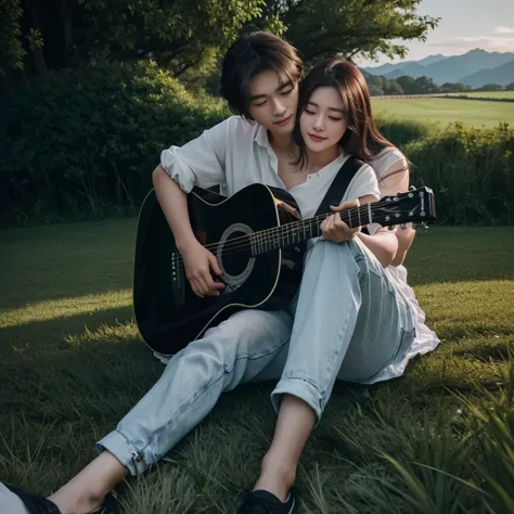 they are sitting on the grass playing a guitar together, couple pose, romantic couple, yan, shot with canon eoa 6 d mark ii, by ...