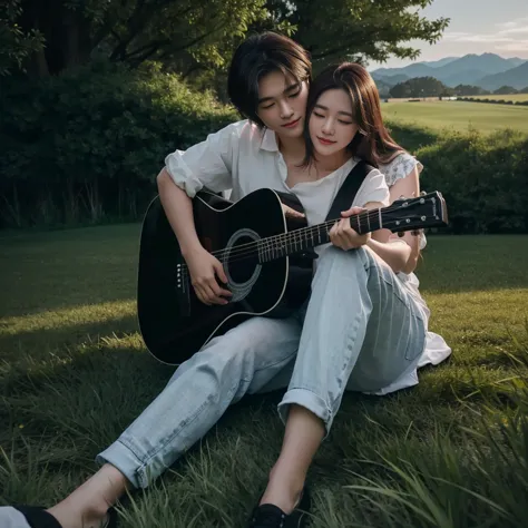 they are sitting on the grass playing a guitar together, couple pose, romantic couple, yan, shot with canon eoa 6 d mark ii, by ...