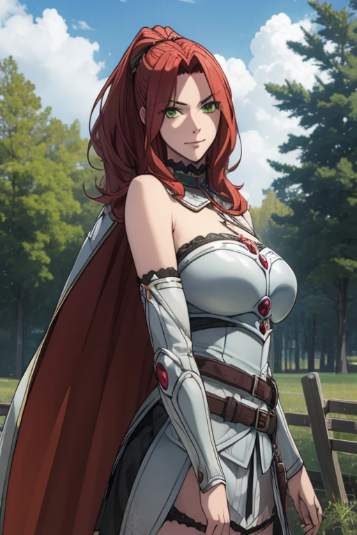 maltymelromarc, malty melromarc, long hair, (green eyes:1.3), red hair, (parted bangs:1.5), ponytail, smile, grin,
BREAK bare shoulders, belt, cape, armor, breastplate,
BREAK outdoors, forest, nature, sky, sun, clouds,
BREAK looking at viewer, (cowboy shot:1.5),
BREAK (masterpiece:1.2), best quality, high resolution, unity 8k wallpaper, (illustration:0.8), (beautiful detailed eyes:1.6), extremely detailed face, perfect lighting, extremely detailed CG, (perfect hands, perfect anatomy),