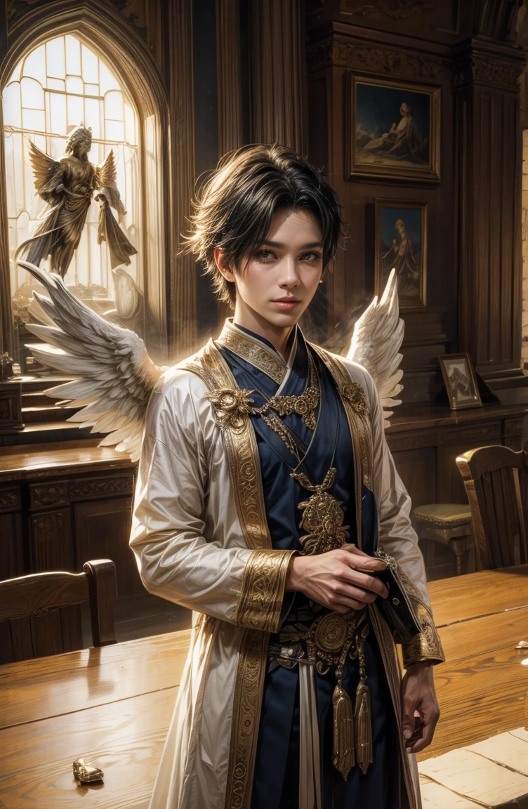 (Tabletop, Highest qualityの, ((((((male))))))、Highest quality, Official Art, (beautifully、beautiful:1.4), (oil:1.4) ),（beautiful顔） 、(Lucifer), 日本god話のgod様々々, Fleeting beauty, 星空に照らされるgod秘的な存在, Winged Angel、god&#39;Grace, Calm and thoughtful expression, Flowing Heavenly Robe, Dazzling silver stars light up the nightscape, Dance of shadows and lights, Whispers of Ancient Legends、