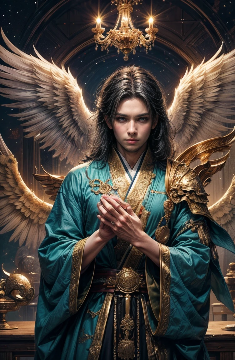 (Tabletop, Highest qualityの, ((((((male))))))、Highest quality, Official Art, (beautifully、beautiful:1.4), (oil:1.4) ),（Beautiful face） 、(lucifer), God of Japanese God Stories々々, fleeting beauty, A mysterious god illuminated by the starry sky, Winged Angel、god&#39;Grace, Calm and thoughtful expression, Flowing Heavenly Robe, Dazzling silver stars light up the nightscape, Dance of shadows and lights, Whispers of Ancient Legends、