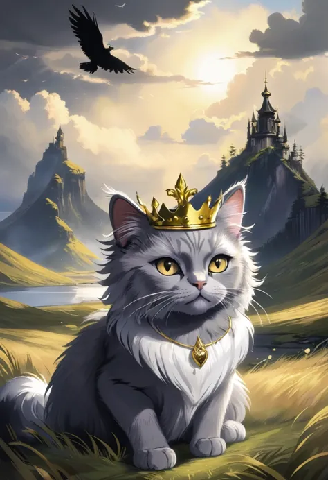 Cats with wings gray eyes with a gold crown and black fur cloudy landscape 
