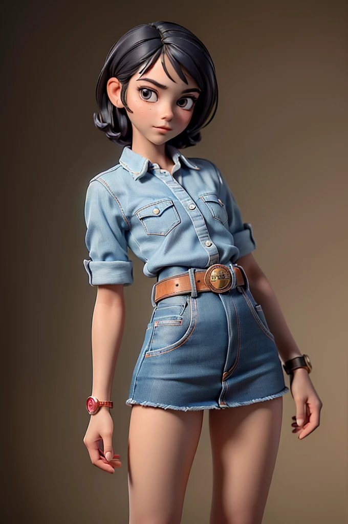 (((((alone))))),(((((masterpiece))))), (((((Best Quality))))),(((((Very detailed))))), finely, Depth of written boundary, Sharp details, Detailed clothing, High resolution,One girl,Beautiful detailed face:), ,(((Slim Body))),(((Small Ass))),(((Denim mini skirt))),(((Wear a belt))),(Wearing a red short-sleeved collared shirt, Plaid))),(((Wear an accurate watch))),(((Sandals))),(((Cowboy Shot)))