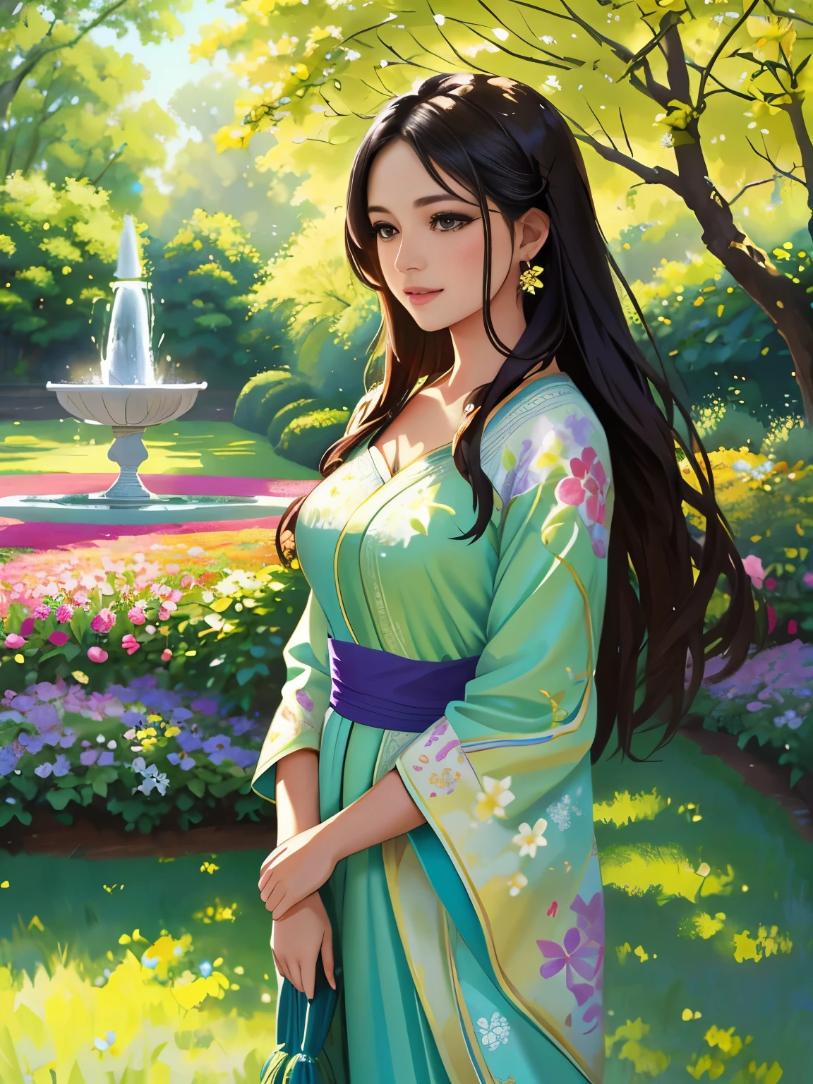 A girl standing in a vibrant flower garden, surrounded by colorful blossoms and tall green trees. She is wearing a flowing dress with intricate floral patterns, and her long, flowing hair is gently swaying in the breeze. The girl has beautiful detailed eyes and full, luscious lips, giving her a serene and captivating expression. The garden is bathed in warm sunlight, casting soft shadows on the grass and flowers. The overall image has the best quality, with ultra-detailed and photo-realistic features. The colors are vivid and vibrant, enhancing the beauty of the scene. The lighting is soft and natural, creating a warm and inviting atmosphere. The artwork is created using a combination of traditional painting techniques and digital rendering, resulting in a unique and visually stunning piece.