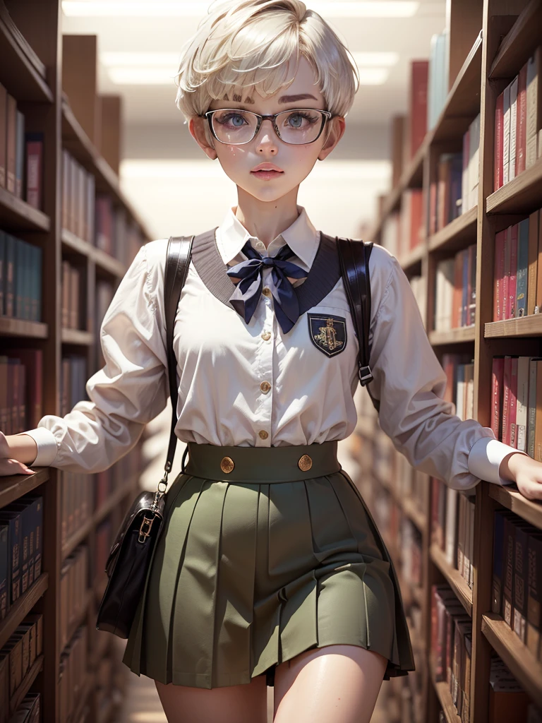 1girl, elegant bearing, small, slender build, short height, narrow shoulders, pale skin dotted by freckles, short platinum blonde hair, (((pixie cut hairstyle))), (((boyish hair))), (dark green eyes), silver glasses, cute facial features with an underlying elegance, thin lips, small breasts, youthful teen girl, RAW photo, ((slim body: 1)), (HQ skin: 1.4), 8k uhd, dslr, soft light, high quality, ((school uniform, white clothes, gold accents, (looking at viewer:1.4), library