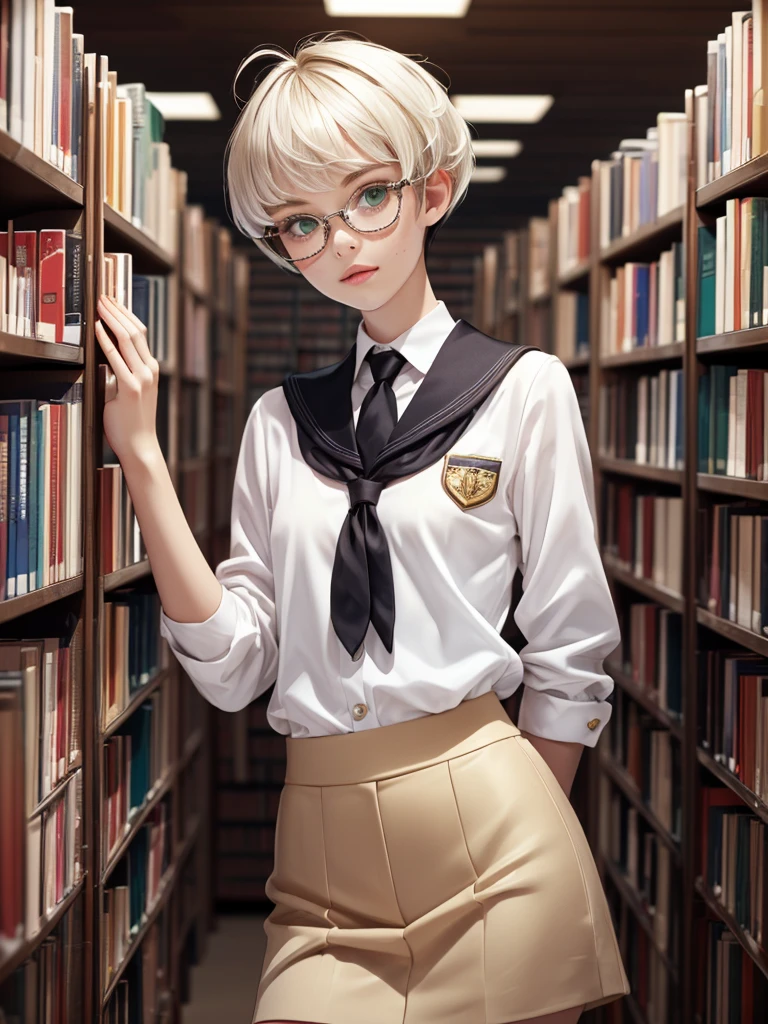 1girl, elegant bearing, small, slender build, short height, narrow shoulders, pale skin dotted by freckles, short platinum blonde hair, (((pixie cut hairstyle))), (((boyish hair))), (dark green eyes), silver glasses, cute facial features with an underlying elegance, thin lips, small breasts, youthful teen girl, RAW photo, ((slim body: 1)), (HQ skin: 1.4), 8k uhd, dslr, soft light, high quality, ((school uniform, white clothes, gold accents, (looking at viewer:1.4), library
