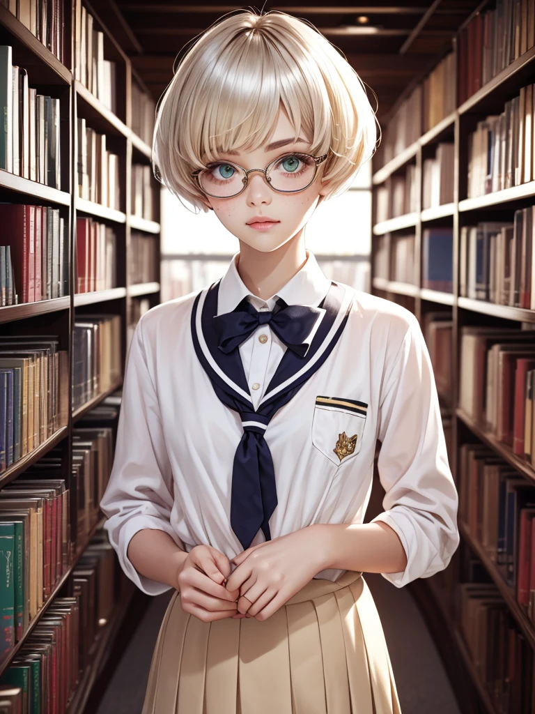 1girl, elegant bearing, small, slender build, short height, narrow shoulders, pale skin dotted by freckles, short platinum blonde hair, (((pixie cut hairstyle))), (((boyish hair))), (dark green eyes), silver glasses, cute facial features with an underlying elegance, thin lips, small breasts, youthful teen girl, RAW photo, ((slim body: 1)), (HQ skin: 1.4), 8k uhd, dslr, soft light, high quality, ((school uniform, white clothes, gold accents, (looking at viewer:1.4), library
