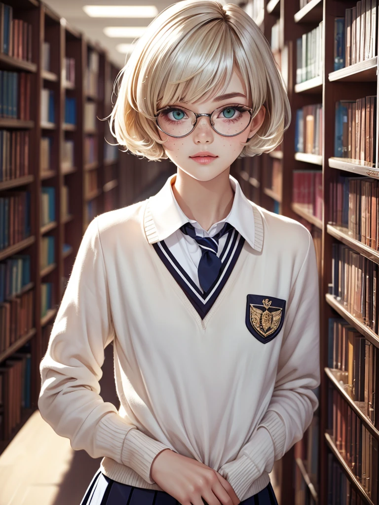 1girl, elegant bearing, small, slender build, short height, narrow shoulders, pale skin dotted by freckles, short platinum blonde hair, (((pixie cut hairstyle))), (((boyish hair))), (dark green eyes), silver glasses, cute facial features with an underlying elegance, thin lips, small breasts, youthful teen girl, RAW photo, ((slim body: 1)), (HQ skin: 1.4), 8k uhd, dslr, soft light, high quality, ((school uniform, white clothes, gold accents, (looking at viewer:1.4), library
