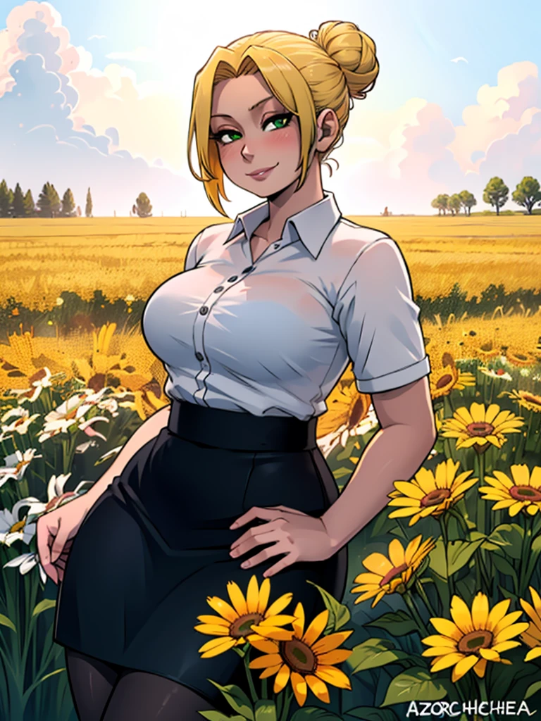 high_aesthetic,art by Lazorchef, ((Masterpiece, best quality, perfect lighting, amazing shading)), perfect anatomy, field of depth, extremely beautiful, blonde hair in a bun, green eyes, black pencil skirt, dress shirt, pantyhose, cute smile, (curvy), blushing, (cowboy shot), (elegant pose), simple background