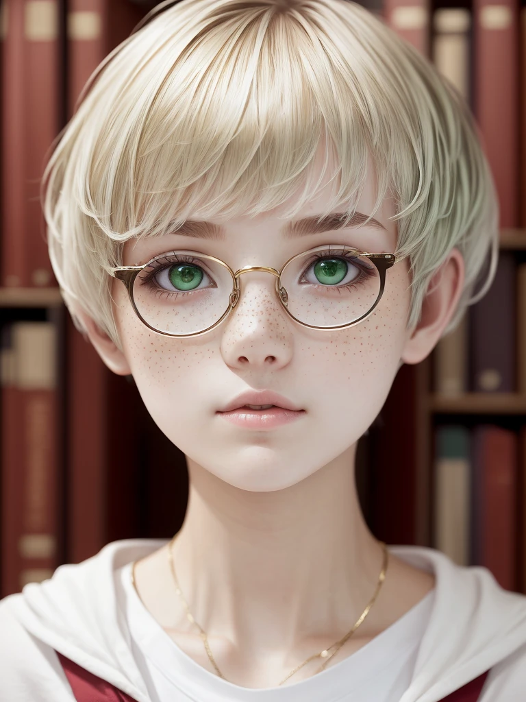 1girl, elegant bearing, small, slender build, short height, narrow shoulders, pale skin dotted by freckles, short platinum blonde hair, (((pixie cut hairstyle))), (((boyish hair))), (dark green eyes), silver glasses, cute facial features with an underlying elegance, thin lips, small breasts, youthful teen girl, RAW photo, ((slim body: 1)), (HQ skin: 1.4), 8k uhd,, soft light, high quality, ((school uniform, white clothes, gold accents, (looking at viewer:1.4), library
